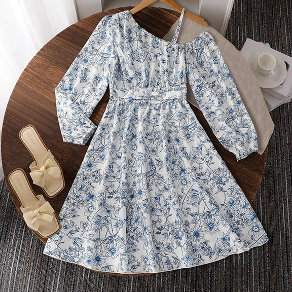 Wuxian Toddler Girls Dresses Floral Print Long Sleeve Dress Casual Spring Summer Dresses Puff Sleeve Flowy Maxi Dress Outfit Dress, Blue, 7-8 Years