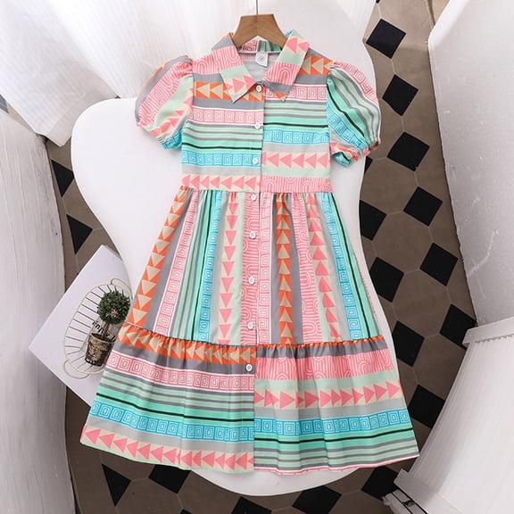 Wuxain Toddler Girls Summer Dress Casual Puff Sleeve Striped Print Polo Dress With Button Down Summer Skirt, Multicolour, 9-10 Years