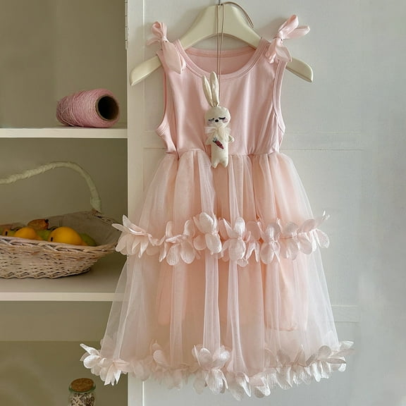 Wuxian Toddler Girls Summer Dresses Tutu Dress Casual Sleeveless Round Neck Hem Pleated Flowy Party Wear Elegant Outfit Summer Skirt, Pink, 2-3 Years