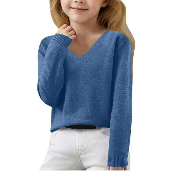 Wuxain Toddler Kids Sweater V Neck Blouse Long Sleeve Knit Shirt Solid Color Based Casual Sweaters Soft Comfor Outerwear,Blue,12-13 Years