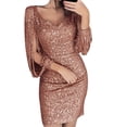 thumbnail image 1 of Wuxian Women Sequins Dress V Neck Mini Dresses Long Sleeved Party Club Ruched Evening Gown Fashion Midi Dress Outwear,Khaki, 1 of 5