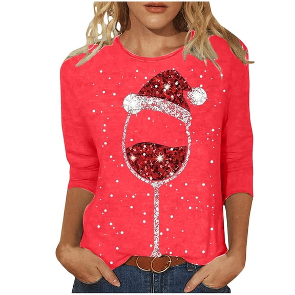 Wuxian Women's Christmas Shirts Sparkly Glass Sequins Printed Round Neck Blouse Loose Fit Three Quarter Sleeve Casual T Shirt Top Streetwear,Red
