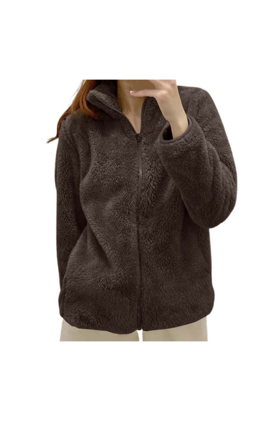 Wuxain Women's Winter Warm Jacket Solid Color Full Zip Up Long Leeve Stand Collar Fuzzy Cozy Coats With Pockets Comfortable Outwear,Coffee