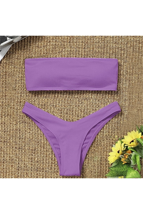 2 Piece Swimsuit For Women Bandeau Bandage Bikini Set Tube Strapless Ribbed Solid Color Off The Shoulder Push-Up Tops High Waist Hipster Bikini Sets Swimwear Stylish Beachwear,Purple,S