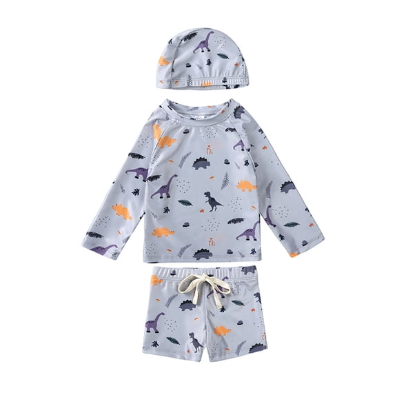 Wuxian Baby Boys 3 Piece Swimsuits Rash Guard Raglan Sleeve Striped Cute Cartoon Pattern Long Sleeve Shirts Tops Elastic Waist Shorts Trunks Swimwear Outfits Bathing Suit,Light Purple,12-24 Months
