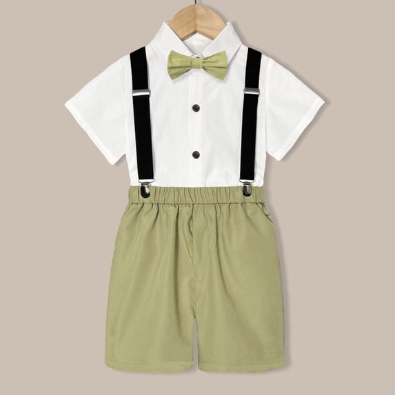 Wuxian Baby Boys Formal Outfits Suits Short Sleeve Solid Color Button Down Stand Collar Soft Shirt And Suspender Shorts Stretchy Pinafore Overalls Stylish Gentleman Clothes Sets,Light Green,6-7 Years