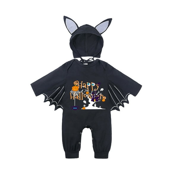 Wuxian Baby Boys Halloween Romper Jumpsuit Casual Round Neck Cute Ghost Pumpkin Pattern Batwing Sleeve Outfit With Lovely Hat Toddler Unisex Soft Bodysuit Dailywear