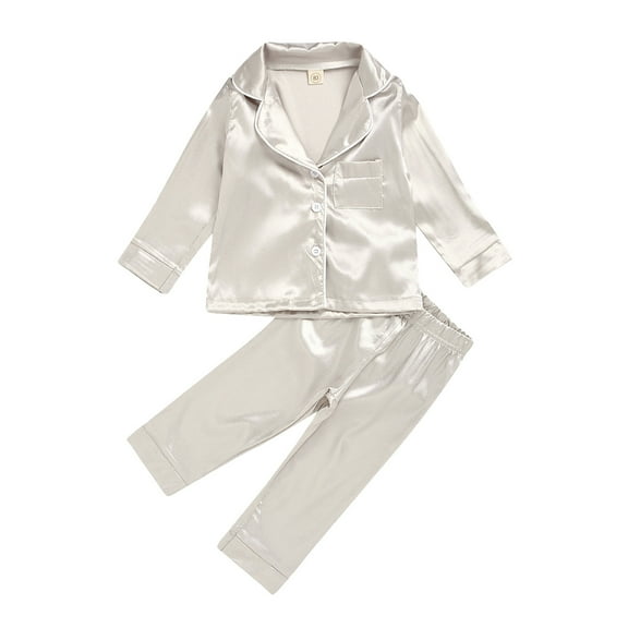 Wuxian Baby Girl Outfits 2 Piece Home Clothes Silk Set Solid Color Button Down Long Sleeve Blouse Tshirts Trousers Casual Breathable Sleeping Clothing Suit,Beige,3-4 Years
