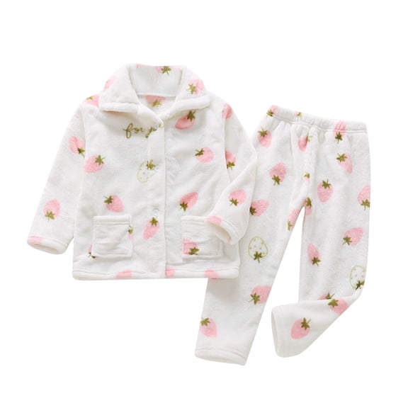 Wuxian Baby Girl Outfits Fashionable Lovely Cartoon Strawberry Print Thick Fuzzy Button Top Coats Pants 2 Piece Winter Warm Home Wear Girls' Clothing Sets,White,4-5 Years