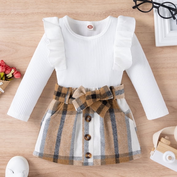 Wuxian Baby Girl Outfits Plaid Skirts Set Ruffles Long Sleeve Ribbed Round Neck Tops Shirt Bow Button Plaid Skirt Stylish Warm Dailywear Clothing Sets,White,9-12 Months