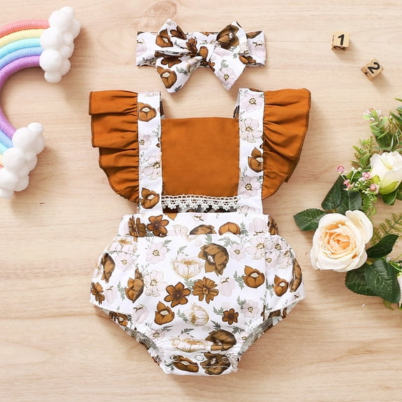 Wuxian Baby Girl Outfits Ruffles Sleeveless Square Collar Romper Bodysuit Printed Floral Bodysuit With Bow Headbands Stylish Clothing Sets,Brown,3-6 Months