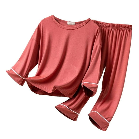 Wuxian Baby Girl Outfits Soft Layered Set Solid Color Round Neck Long Sleeve Shirt Trousers Thin Home Wear Loose Casual Sleep Suit Clothing Sets,Red,18-24 Months