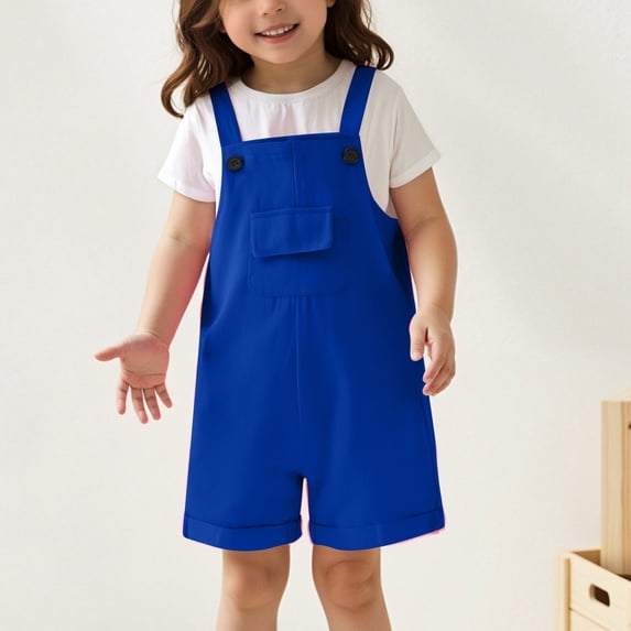 Wuxian Baby Girl Outfits Solid Color Overalls Front Pockets Cute Wide Leg Shorts Rompers Suspender Trousers Classic Relaxed Fit Casual Summer Breathable Onesized Loose Clothes,Blue,9-10 Years
