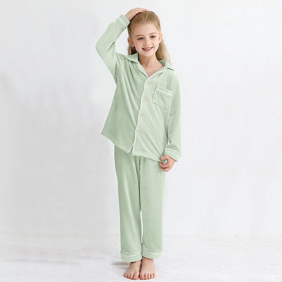 Wuxian Baby Girl Outfits Warm Solid Color Fuzzy Thick Lined Button Long Sleeve Pullover Tops Pants Home Dailywear Clothing Sets,Green,2-3 Years