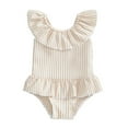 thumbnail image 1 of Wuxian Baby Girl Swimsuit One Piece Swim Wear Rash Guard Stripe Pritn Onesize Bikini Beachwear Ruffled Round Neck Pool Beach Travel Swimwaer Holiday,Khaki,12-18 Months, 1 of 4