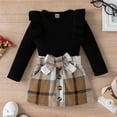 thumbnail image 1 of Wuxian Baby Girl Winter Outfits Plaid Skirts Set Ruffles Long Sleeve Ribbed Round Neck Tops Shirt Bow Button Plaid Skirt Stylish Warm Dailywear Fall Winter Outfits,Black,18-24 Months, 1 of 8
