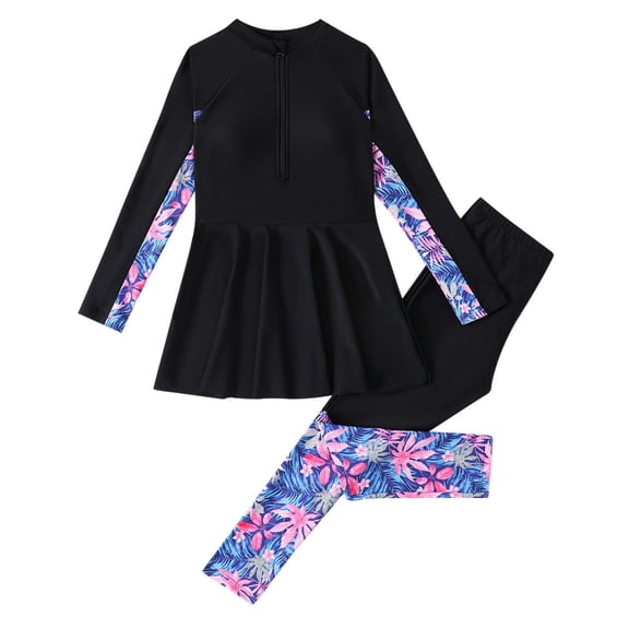 Wuxian Baby Girls Rash Guard Swimsuit 2 Piece Tracksuit Cartoon Floral Pattern Printing Long Sleeve Round Neck Half Zip Up Dress Leggings Pants Swimwear Summer Beachwear,Black,5-6 Years