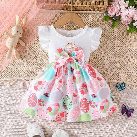 Wuxian Baby Girls Romper Dresses Ruffles Short Sleeve Cute Easter Bunny Cartoon Prints Round Neck Dresses Party Dance Dress Comfortable Fashionable Outfits Prom Dresses,Pink,6-9 Months
