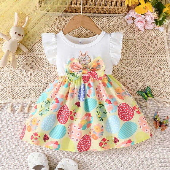 Wuxian Baby Girls Romper Dresses Ruffles Short Sleeve Cute Easter Bunny Cartoon Prints Round Neck Dresses Party Dance Dress Comfortable Fashionable Outfits Prom Ball Gown,Yellow,3-6 Months