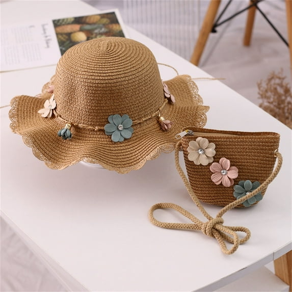 Wuxian Baby Girls Straw Hats Solid Color Flower Pattern Wide Brim Summer Breathable Fashionable Lightweight Foldable Party Vacation Beach Sun Hat Holiday Upf 50+ Western Cowgirl Cap,Khaki,One Size