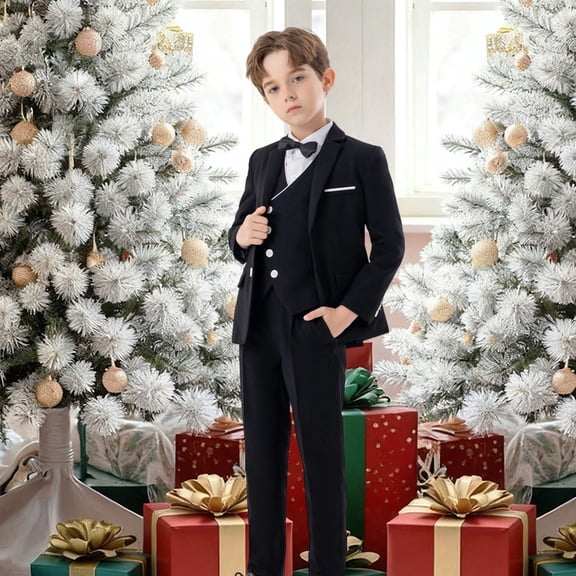 Wuxian Baby Outfits Boys Formal Suits Four Piece Shirt Tuxedo Gentlemen Solid Color Jacket Vest Trousers Bowtie Wedding Party Activist Dress Wear Clothing Sets,Black,7-8 Years