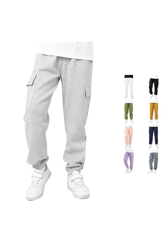 Baby Pants Cargo Pants Fashion Side Pockets Solid Color Cozy Elastic Waist Wide Led Ankle-Tied Joggers Loose Joggers Trousers,Light Gray,9-10 Years