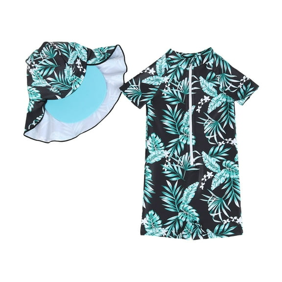 Wuxian Baby Swimsuit Boy Boys Summer Casual Swim Wear Cartoon Print Zipper One Piece Swimsuit With Hat 2 Piece Popular Swimsuit,Green,2-3 Years