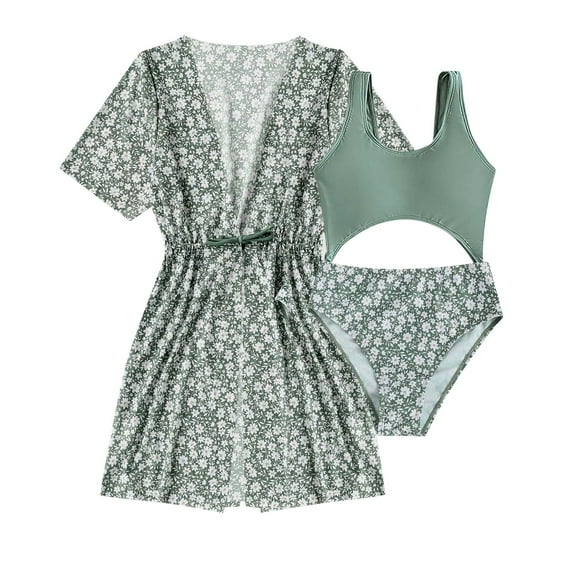 Wuxian Baby Swimsuit Floral Feather Prints Tank Top Briefs Bikini Sets With Long Sleeve Cover Up Shirts Beachwear Beach Swimwear,Green,11 Years