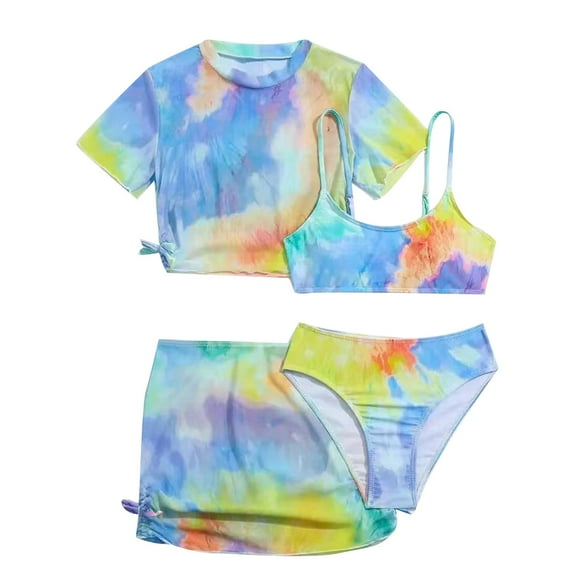 Wuxian Baby Swimsuit Girl 4 Piece Swimsuits Tie Dye Prints Bikini Spaghetti Strap Tops Briefs Short Sleeve Cover Up Shirt Skirt Outfits Set Beach Swimwear,Blue,7-8 Years