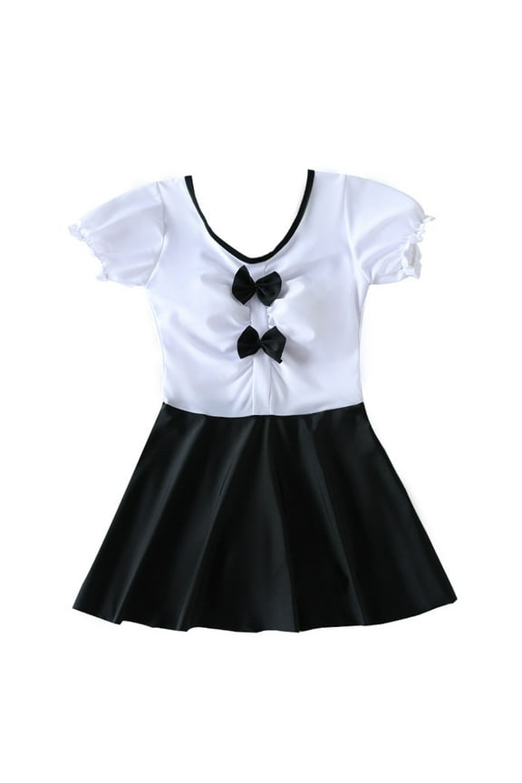 Baby Swimsuit One Piece Swim Dress Short Puff Sleeves Round Neck Cute Bow Dresses Stylish Pool Beach Travel Swimwaer Holiday,Black,7-9 Years