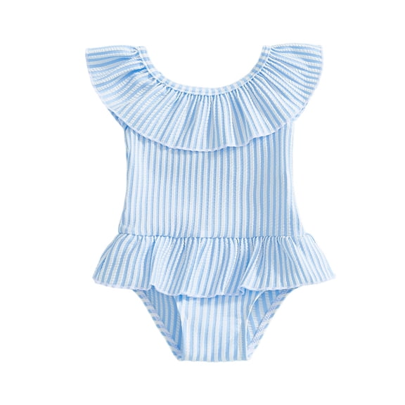 Wuxian Baby Swimsuit One Piece Swim Wear Rash Guard Stripe Pritn Onesize Bikini Beachwear Ruffled Round Neck Popular Swimsuit,Sky Blue,12-18 Months