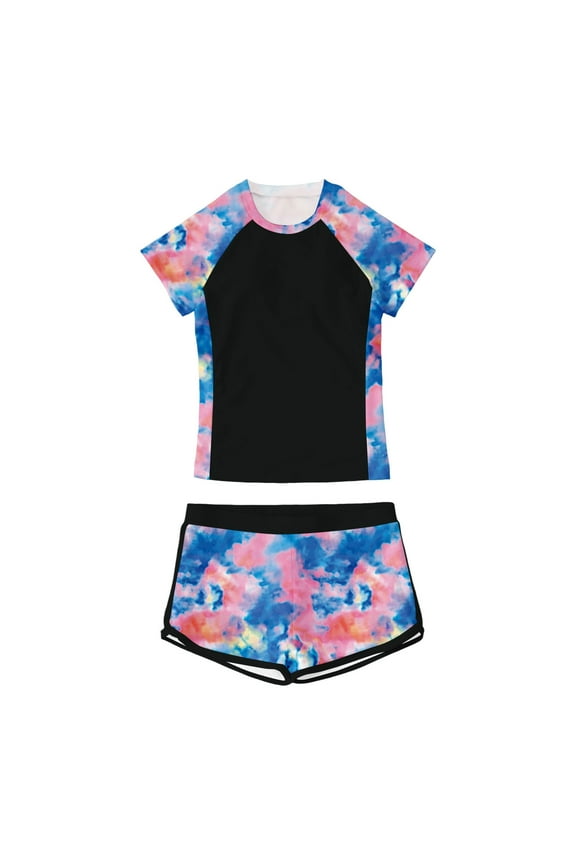 Baby Swimsuit Two Piece Swimwear Set Floral Print Short Sleeve Round Neck Bikini Shirts And Shorts Outfits Popular Swimsuit,Black,13-14 Years