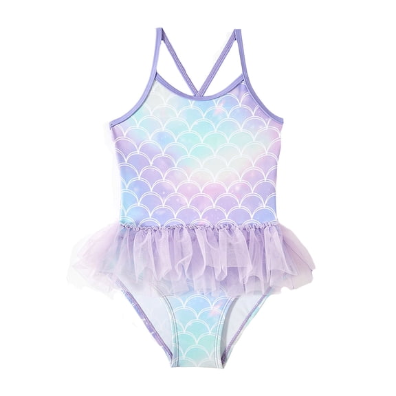 Wuxian Baby Toddler Girl'S One Piece Swimsuit Backless Round Neck Cross Strap Plaid Print Swimwear With Tiered Pleated Tutu Skirt Onesize Comfy Soft Stylish Summer Beachwear,Purple,5-6 Years