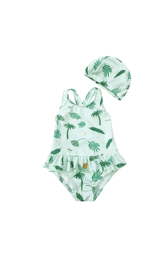 Baby Toddler Tow Piece Swimsuit Rash Guard Romper Sleeveless Cartoon Print High Waist Ruffles Tiered Round Neck Jumpsuit With Hat Flounce Bathing Suit Beach Pool Swimwear,Green,12-24 Months