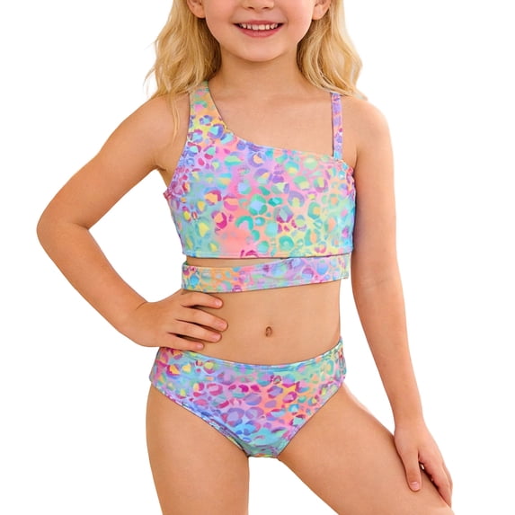 Wuxian Baby Toddler Two Piece Swimsuits Fashion Leopard One Shoulder Adjustable Strap High Waist Bikini Set Summer Beach Pool Comfortable Playwear Beachwear Breathable Bathing Suits,Purple,8-9 Years