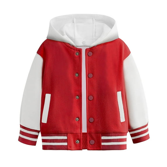 Wuxian Big Boys Coat Hooded Varsity Jacket Color Block Baseball Jacket Bomber Coat School Uniform With Pocket Tops Clothes,Red,5-6 Years