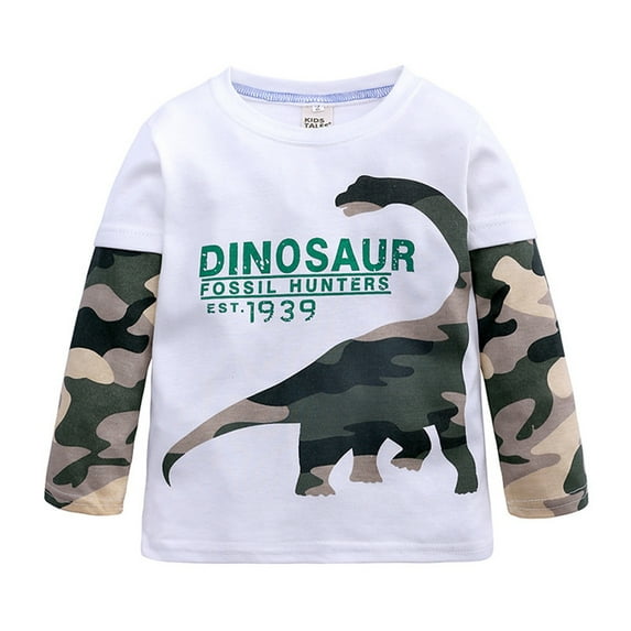Wuxian Big Boys Long Sleeve Shirts Cute Funny Letter Dinosaur Print Classic Crewneck T Shirts Tops Fall Winter Layering Tee Top,White,18-24 Months