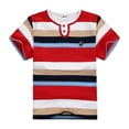 thumbnail image 1 of Wuxian Big Boys Striped Polo Shirts Casual Loose Fit Color Blocked Short Sleeve Tshirt For Boys Cute Top Button Cartoon Embroidery Loose Fit Layering Tee,Coffee,4-5 Years, 1 of 3