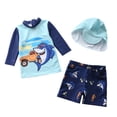 thumbnail image 1 of Wuxian Boys 3 Piece Swimsuits Rash Guard Raglan Sleeve Striped Cute Cartoon Pattern Long Sleeve Shirts Tops And Elastic Waist Shorts Trunks Swimwear Outfits Bathing Suit,Dark Blue,8-9 Years, 1 of 2