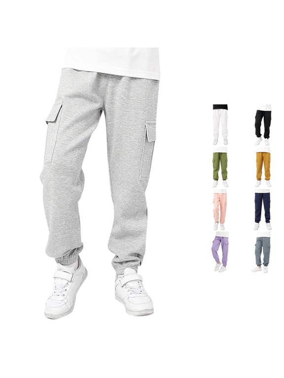 Boys Athletic Pants Cargo Pants Fashion Side Pockets Solid Color Cozy Elastic Waist Wide Led Ankle-Tied Joggers Pants For Boys,Light Gray,6-7 Years