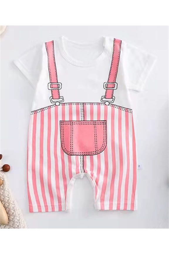 Boys Baby Toddler Romper Jumpsuit Short Sleeve Round Solid Cartoon Print Pullover Gentleman Bodysuit Breathable One-Piece Cozy Clothes Dailywear,Pink,0-3 Months