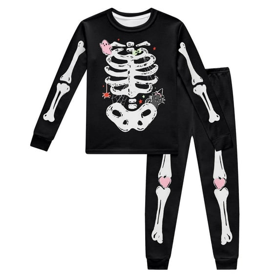 Wuxian Boys Girls Halloween Clothes Pajamas Skeleton Glow-In-The-Dark Cotton Homewear Long Sleeve Round Neck Halloween Pumpkin Outfit,Black,3-4 Years