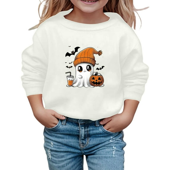 Wuxian Boys Girls Halloween Sweatshirt Pullover Cute Ghost Pumpkin Graphic Print Top Shirt Crewneck Long Sleeve Casual Loose Streetwear,White,3-4 Years
