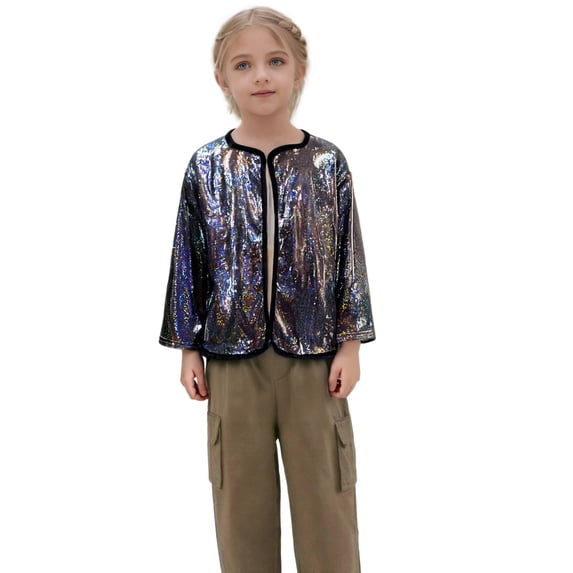 Wuxian Boys Girls Shiny Sequin Jacket Long Sleeve Solid Color Cardigan Lightweight Coat Toddler Kids Stage Performance Club Party Tops,Black,12-24 Months
