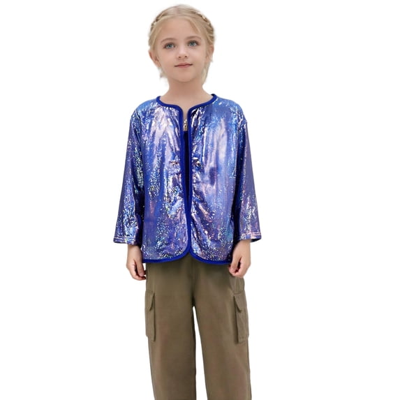 Wuxian Boys Girls Shiny Sequin Jacket Long Sleeve Solid Color Cardigan Lightweight Coat Toddler Kids Stage Performance Club Party Tops,Blue,5-6 Years