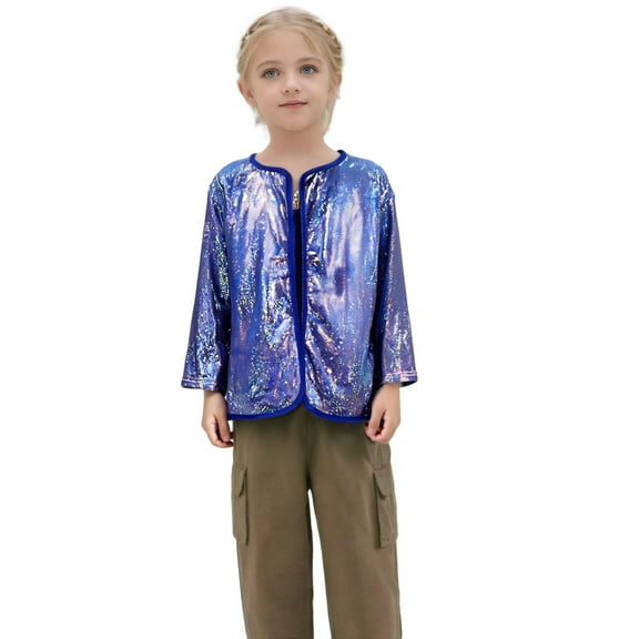 Wuxian Boys Girls Shiny Sequin Jacket Long Sleeve Solid Color Cardigan Lightweight Coat Toddler Kids Stage Performance Club Party Tops,Blue,8-9 Years