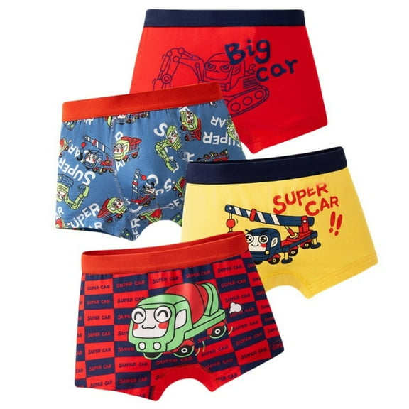 Wuxian Boys Kids Underwear Soft Cotton Boxer Briefs Dinosaur Truck Printed 4 Pack For Pupil Kindergarten Kids,Red,4-6 Years