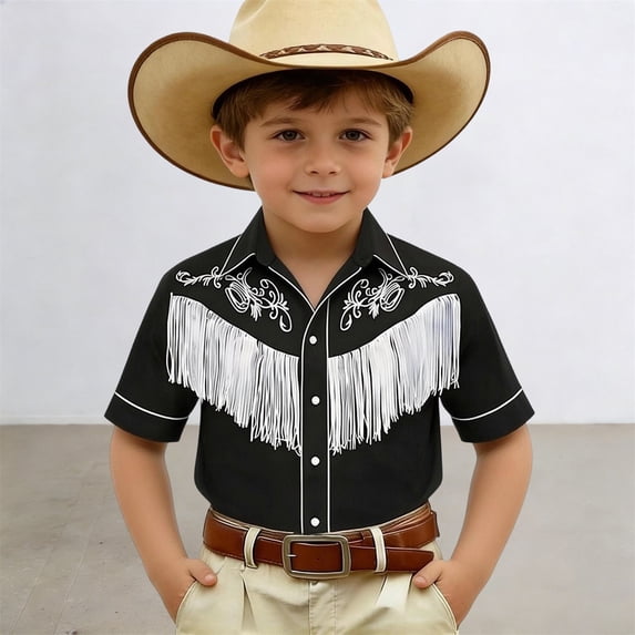 Wuxian Boys Kids Western Cowboy Print Shirt Button Down Floral Embroidery Short Sleeve Casual Top Elegant Fashionable Casual Cozy Cute Basic Tees,Black,6-7 Years