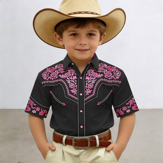 Wuxian Boys Kids Western Cowboy Print Shirt Button Down Floral Embroidery Short Sleeve Casual Top Elegant Fashionable Casual Cozy Cute Basic Tees,Black5,6-7 Years
