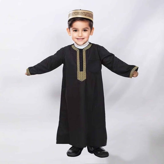 Wuxian Boys Long Sleeve Shirt Robe Long Length Round Neck Traditional Embroidery Loose Fit Button Teenage Breathable Comfortable Solid Color Soft Blouse Tees Tops,Black,2-3 Years